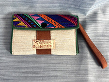 Colorful Guatemala Canvas Leather Wristlet Wallet Small Clutch Purse City Quezal