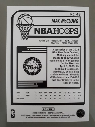 2023-24 Panini NBA Hoops Mac McClung #48 Philadelphia 76ers Basketball Lesen! - Bild 2 von 4