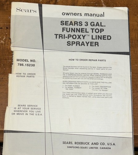 Sears 3 Gal. Funnel Top Tri-Poxy Lined Sprayer Model 786.15230 Owners & Parts - Picture 2 of 2