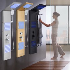 Stainless Steel Shower Panel Tower LED Rain Waterfall Massage Body Jets System