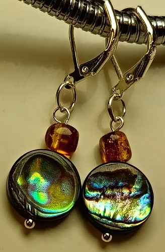 Earrings High Quality Shell Abalone, Natural Genuine Amber, Silver 925,gift - Picture 6 of 12