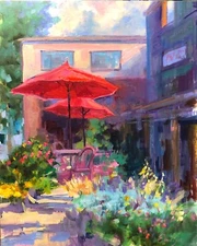 Morning Cafe Painting, Cityscape, Red Umbrellas, impressionist  oil painting
