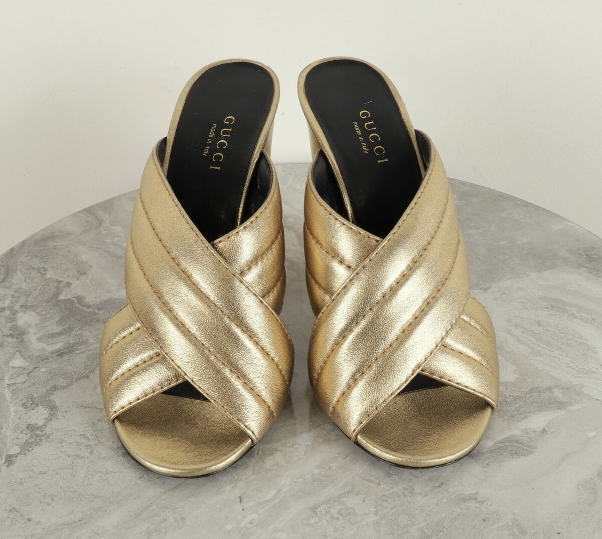 Women's Gucci Gold Leather Webby Crossover Block Heel Women's Gucci Gold Leather Webby Crossover Block Heel