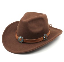 Western Cowboy Hat for Boys Girls Kids Cowgirl Fedora Cap Wide Brim Brown Strap