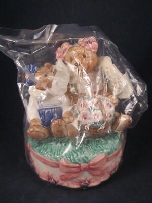 SCHMID GALLERY 2 Music Box Teddy Bear 2 Girls with Basket VINTAGE