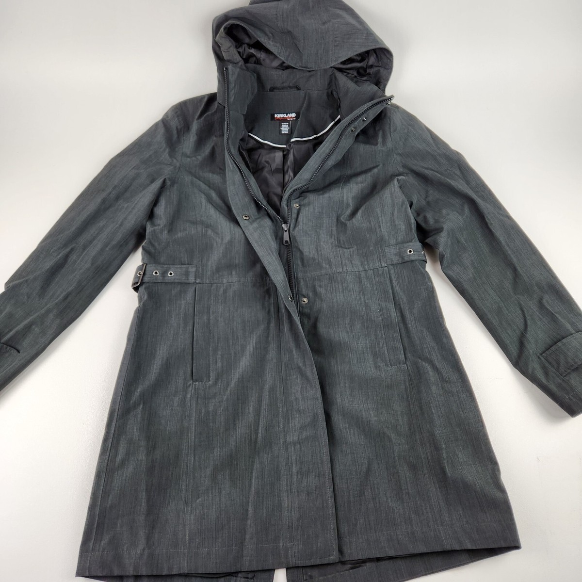 Kirkland Signature Trench Coat Womens M Gray Zip Up Hooded Drawstring Jacket