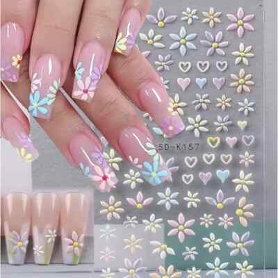 Nail Art Sticker Aufkleber 5D geprägt Pastell Blume Gänseblümchen Herz Blatt
