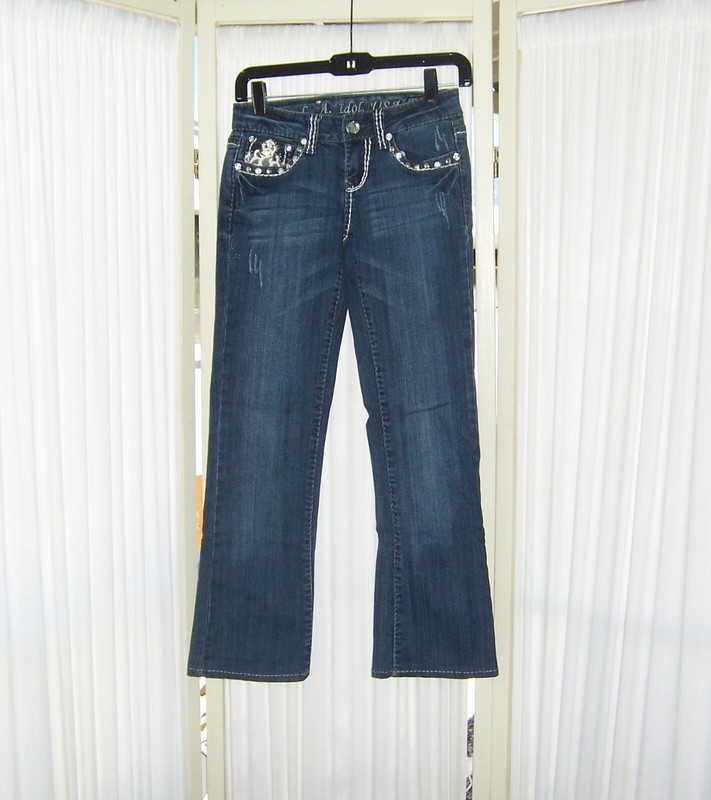 LA IDOL USA  WHITE RHINESTONE DESIGN EMBELLISH FLAP POCKETS STRETCH BLUE JEANS 1