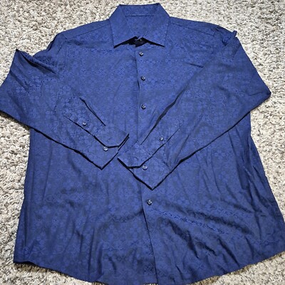 Tasso Elba Mens Large Blue Black Floral Tile Button Up Long Sleeve Shirt 