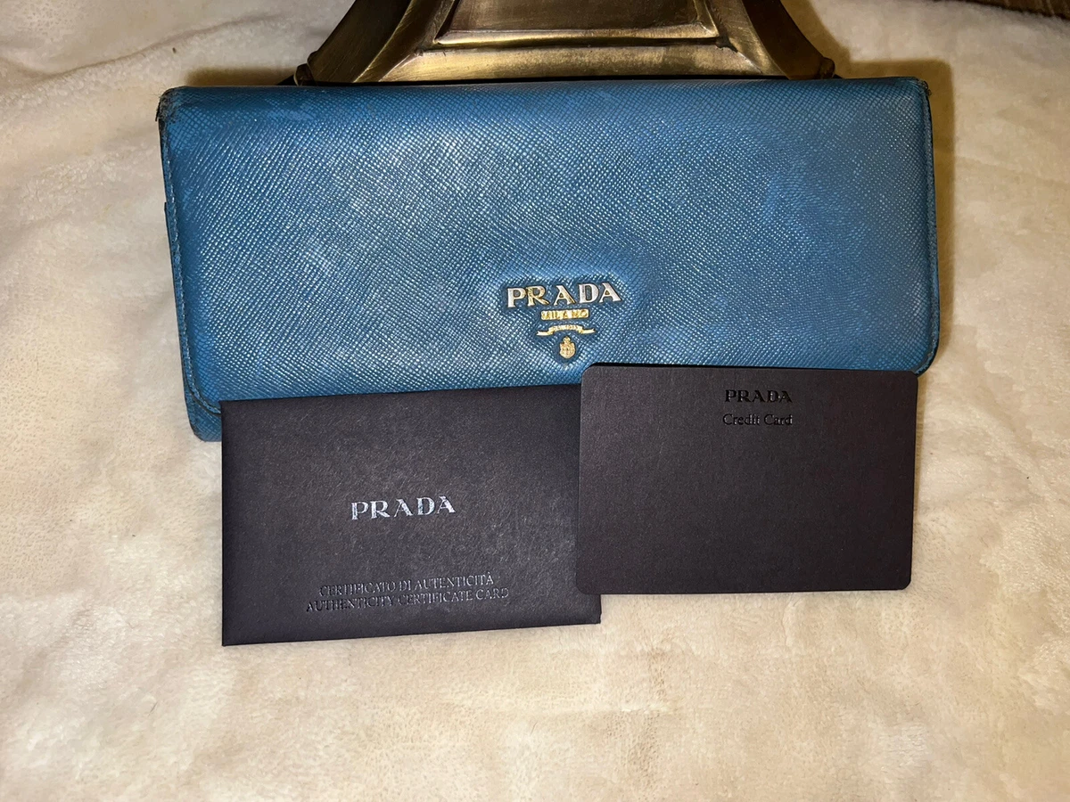 Authentic Prada Blue Saffiano Leather Wallet with Chain