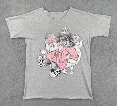 Vtg Night Star 1994 Gray One Size Fits All Night Shirt Guid To Cat Napping Print