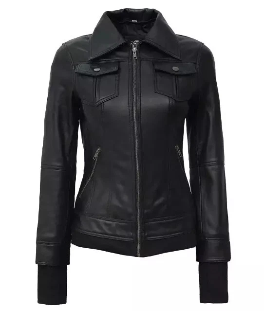 Betty Women Black Removable Hood Rib Knitted Real Sheep Leather Jacket for Women - Image 2 of 4