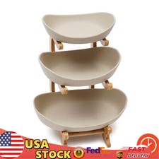 3-tier Fruit Storage Rack Fruit Plate Porcelain + Bamboo Stand Serving Stands US