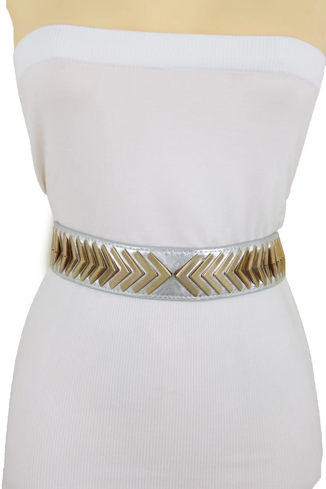 Mujeres Plateado Imitación Cuero Cintura Elástica Fiesta Hora Cinturón Dorado Metal Flecha S M Foto 2 de 4