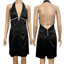 Windsor Rhinestone Mini Dress 9/10 Satin Plunging Open Back Cocktail Party Black