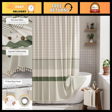 Boho Modern Farmhouse Shower Curtain Set with Tassels, Rustic Green Stripes, 72x