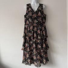 Nine West Women’s Tiered Dress Size 12 Black Floral Midi Sleeveless V-Neck Glam