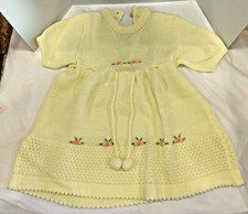 Vintage Girls INFANT BABY DRESS YELLOW With Gray Pink Yellow Flowers  Pom-Poms