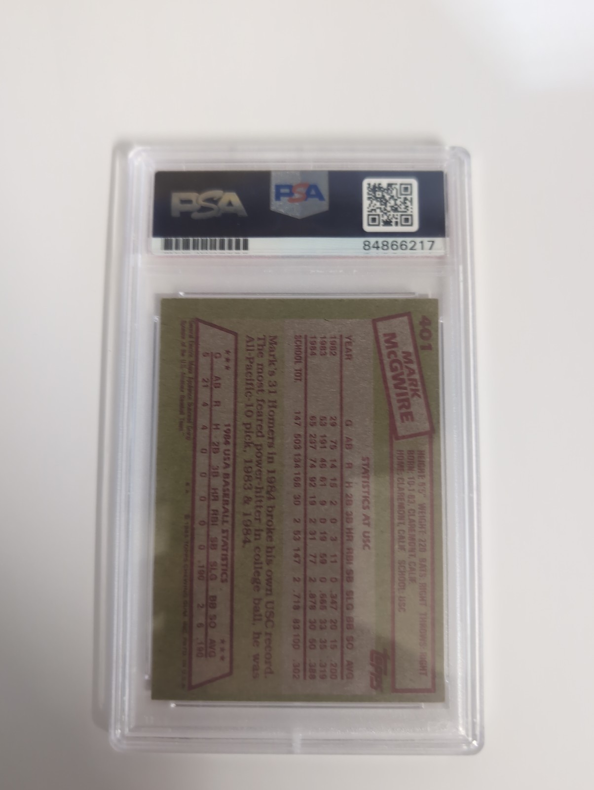 mark mcgwire rookie card Rc Rookie 401 Auto Autograph PSA 10 1984 Topps view 2