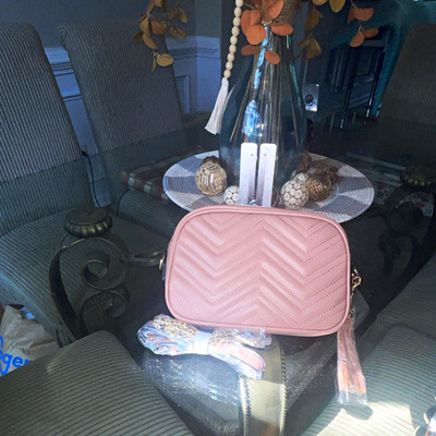 Pink Quilted Chevron Crossbody Bag Zip Top Gold Hardware Detachable Strap