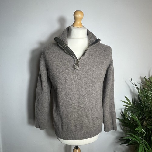 Barbour Jumper Mens Medium 100% Wool 1/4 Zip Pullover Sweater Tartan Elbow Patch - Picture 1 of 8