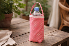Handmade Pink Polka Dot Water Bottle Holder with Lace Trim