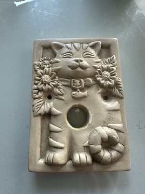 Smiling Kitty Cat Floral Cream Doorbell Cover Plaque Porcelain