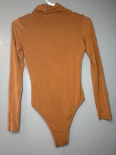 Brown Long Sleeve Turtleneck Women's One Piece Bodysuit Solid Opaque