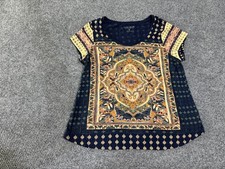 Lucky Brand Shirt Womens 1X Blue Geometric Boho Scoop Neck Short Sleeve Tee Top