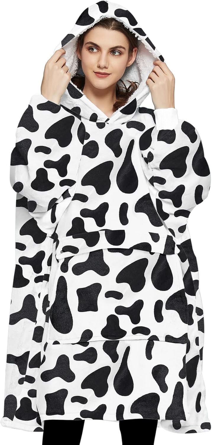 KFUBUO Wearable Blanket Hoodie for Adults Sherpa All Adult, Printing-dairycow 