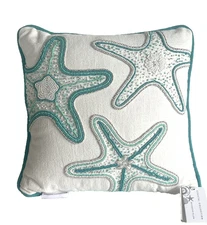 Coastal Collection Starfish Beaded Throw Pillow Beach House White Aqua 13”X 13”
