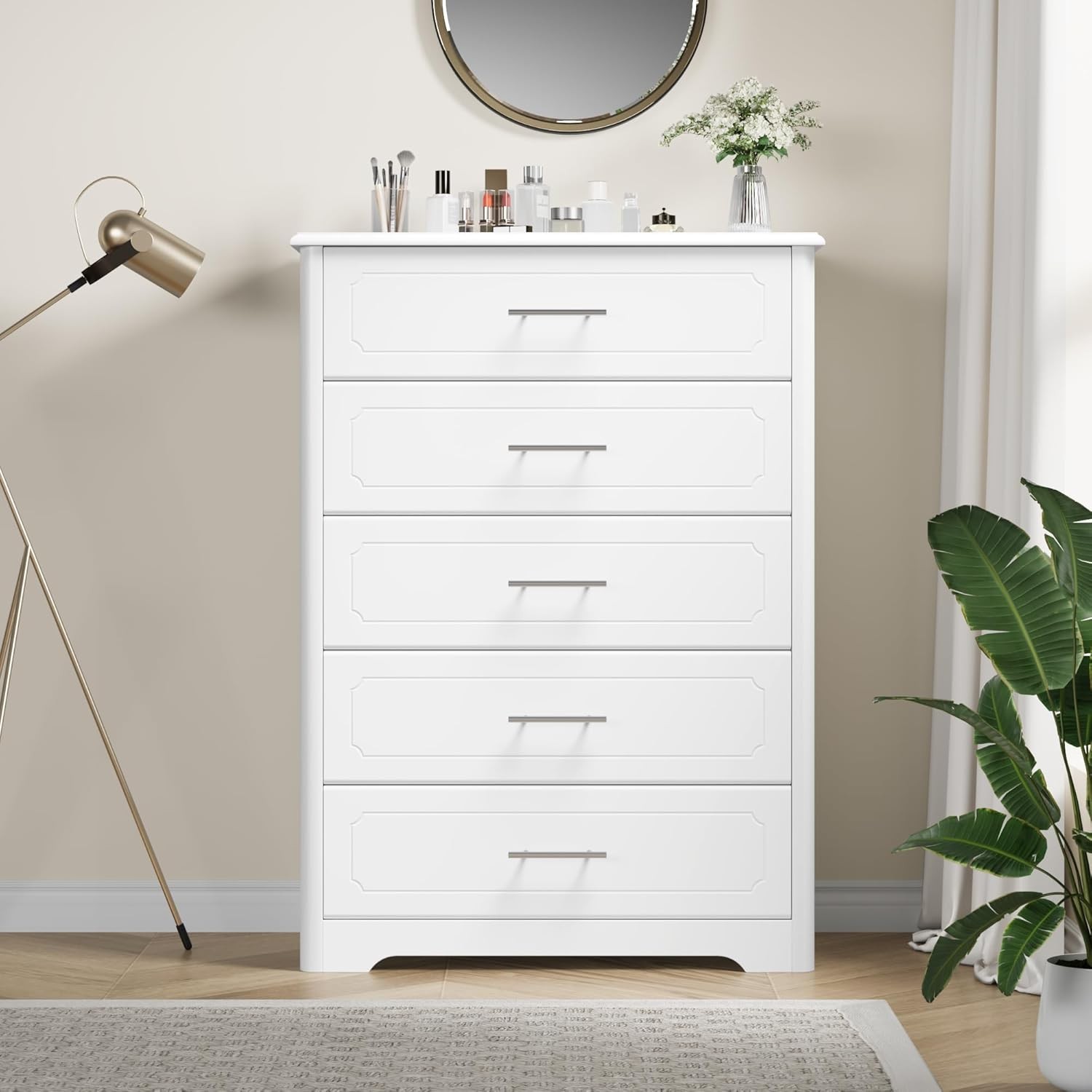 Modern White 5-Drawer Tall Dresser Storage Cabinet for Bedroom