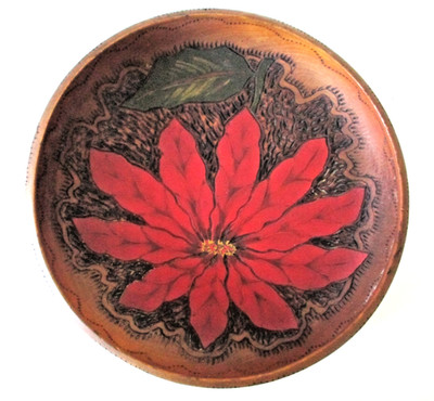 Folk Art Hand Carved Poinsettia on Black Textured Wooden Bowl 9.5'' Vtg AZ25