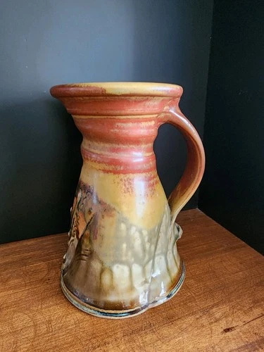 Vtg. Signed Hand-thrown Drip Glazed Art Studio Pottery Pitcher Tankard 6"Hx4.5"W