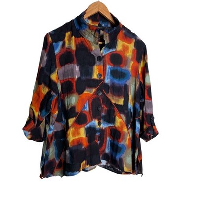 Ali Miles Top Multicolor Sz PXL Button Up Wire Collar Abstract Watercolor Artsy