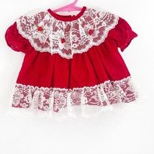 JoLene Dress 0-6 Months Newborn Vintage Red Velvet White Lace USA No Bottoms