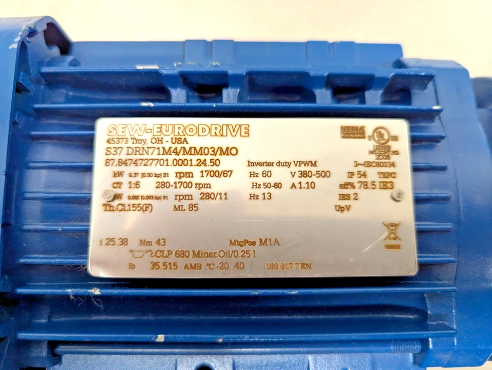 Sew Eurodrive S37 DRN71M4/MM03/MO Gearmotor 317rpm 1/2hp 480v-ac [B9S4] - Image 2 of 4
