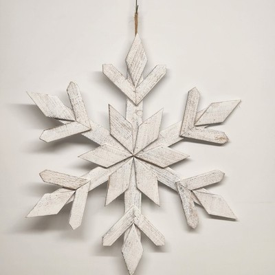 Rustic Wooden 6 Point Snowflake Wall Decor 22'' White Washed Farmhouse Christmas