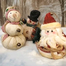 Lot Of 3 Primitive Christmas Ornament  Hand Made Stuffed Santa and Snowmans