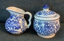 Vintage Chinese Porcelain Creamer & Covered Sugar Bowl Blue Floral Design