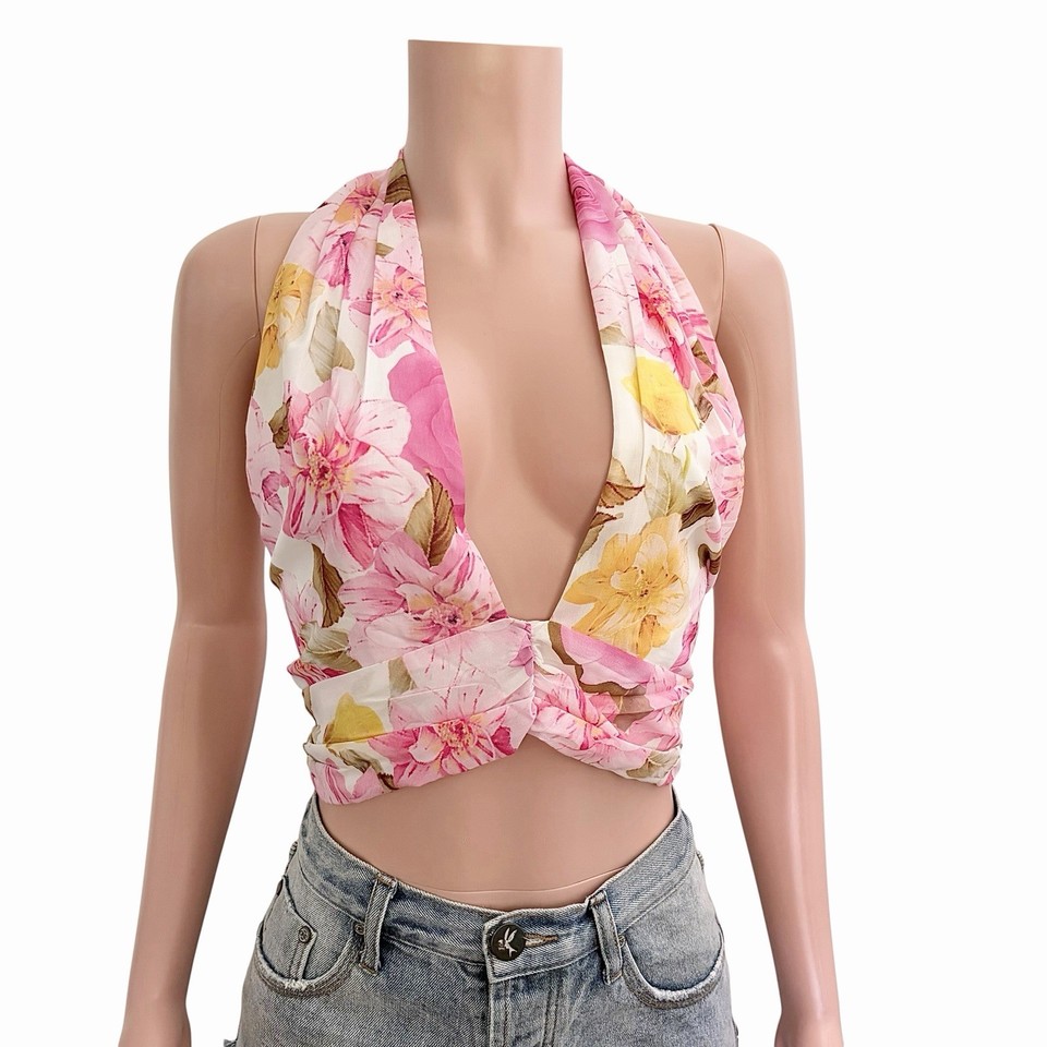 BILLY J Pink White Floral Halter Neck Crop Top Silky Tank Blouse Size 14