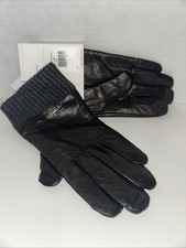 NEW Calvin Klein Black Leather Gloves Fleece Lined Touch Tips Knit Cuff Large