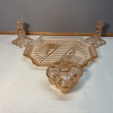 Vintage Art Deco Peach Pink Glass 4 Piece Dressing Table Set plus lid