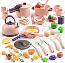 Kids Play Kitchen Set 60 Pieces Mini Cooking Accessories Tongs Plates Fruits BBQ