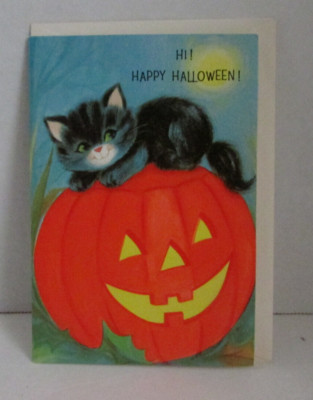 VINTAGE 70's Laurel Halloween Black Kitty Cat Pumpkin Greeting Card | eBay