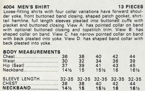 Vtg Butterick Pattern 4004 Men's Long Sleeve Shirt in 4 Styles Size 16½ Uncut - Picture 3 of 3