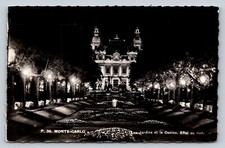 c1953 RPPC Monte Carlo Postcard: Jardins de Monte-Carlo & Casino by Night