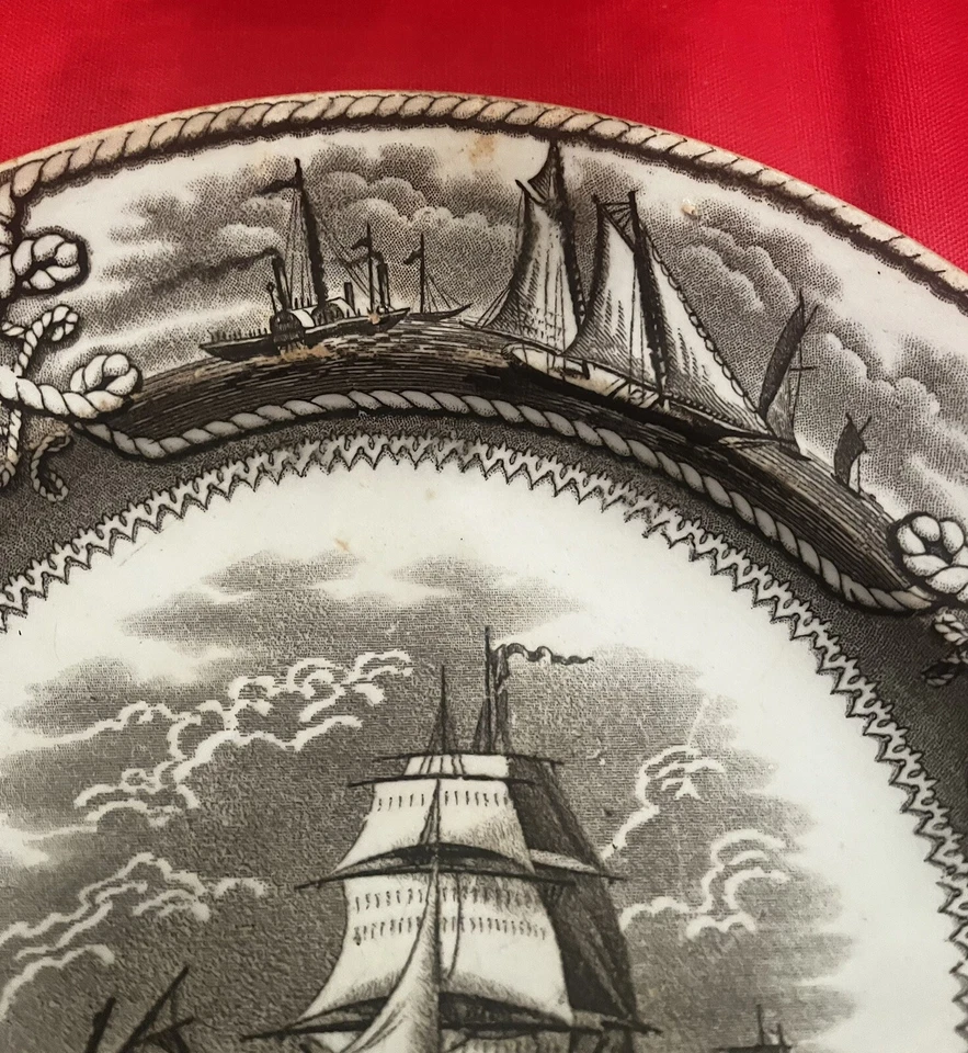 Plato de transferencia marrón antiguo raro American Marine Stiffel Bros Odessa Rusia Foto 3 de 4