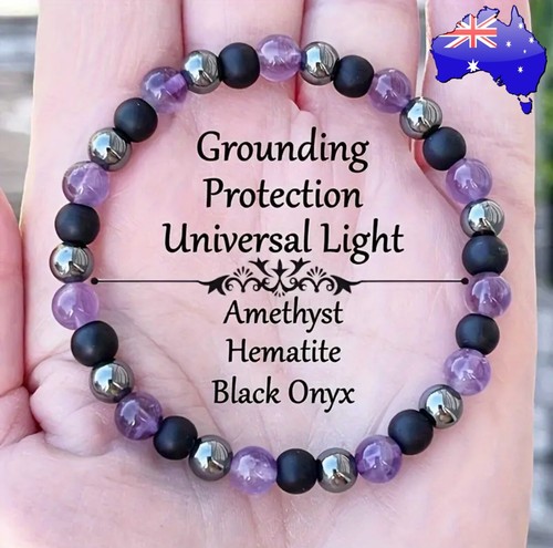 Amethyst Hematite Black Onyx Grounding Protection 6mm Bead Bracelet + Gift Pouch - Picture 8 of 9