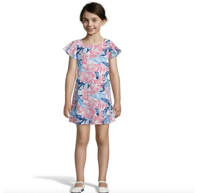 NWT Pappagallo Girls' Pink, Blue &White Floral Flutter Sleeve Dress - S (6/6X)